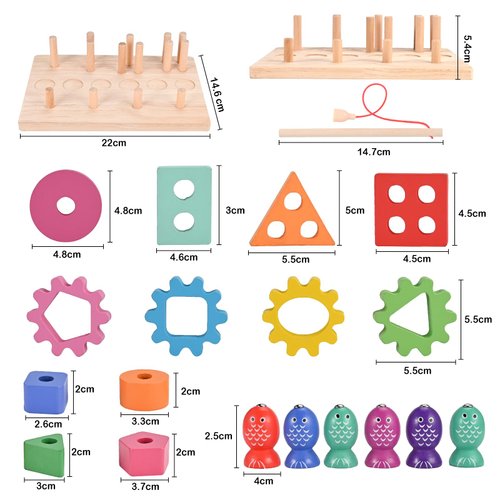 Wooderma Montessori Toys for 3 4 5 Years Old Toddlers, Wooden Sorting & Stacking Toys, Shape Sorter and Color Stacker Preschool Kids Gifts, 3-in-1 Educational Toy Gift for Baby Boys Girls