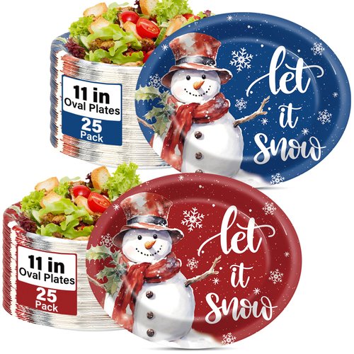 OBUSATT 50PCS Winter Paper Plates Snowman Snowflake Oval Paper Plates Christmas Xmas Red and Blue Let it Snow Disposable Tableware Supplies Dinnerware Set for New Year Holiday Party Decorations