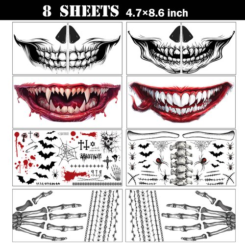 8Pcs Skeleton Face Tattoo Halloween Accessories，Halloween Tattoos Ghost Face Temporary Tattoo,Halloween Make Up Halloween Face Tattoos Stickers Zombie Makeup Kit (B-skeleton+zombie face tattoo)