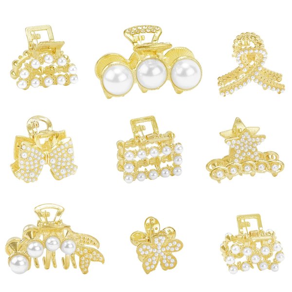 Aprince Mini Pearl Claw Clip 9Pcs Small Gold Pearl Hair Clips Claw Clips for Thin Hair Elegant Hair Accessories for Women Girls