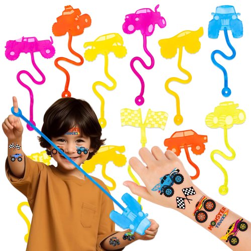 36PCS Monster Truck Party Favors - 24PCS Temporary Tattoos 12PCS Sticky Hands Perfect Birthday Supplies for Kids Stretchy Fidget Goodie Bag Stuffers Treasure Box Toys Classroom Prizes Student Gifts