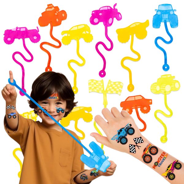 36PCS Monster Truck Party Favors - 24PCS Temporary Tattoos 12PCS Sticky Hands Perfect Birthday Supplies for Kids Stretchy Fidget Goodie Bag Stuffers Treasure Box Toys Classroom Prizes Student Gifts
