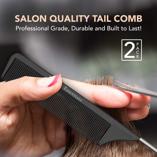 8.8 Inch White and Black Metal Tail Comb (2 Pack) Carbon Fiber and Stainless Steel Pintail | Lightweight | Rat Tail Styling Combs for all Hair Types | Fine Tooth Teasing Comb Set