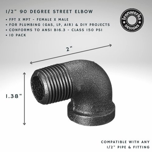 Ironwerks Designs 1/2" Street Elbow, 90 Degree Black Pipe Fittings - Decorative Pipe Décor, Metal Pipe Furniture [10 Pack]