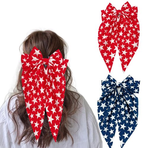 HIFANMM 4th of July Bow Hair Clips for Women Girls, 2pcs Big Bows Independence Day Hair Accessories, Red Blue Stars Long Tail Bowknot Hair Barrettes Nonslip Alligator Hair Pins Patriotic Party Decor