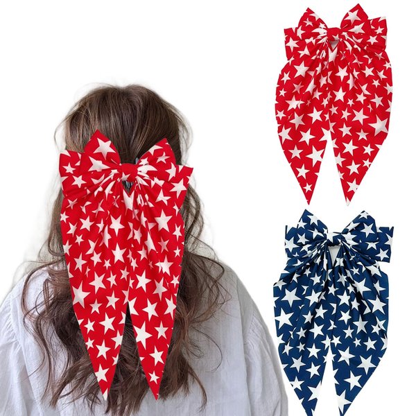 HIFANMM 4th of July Bow Hair Clips for Women Girls, 2pcs Big Bows Independence Day Hair Accessories, Red Blue Stars Long Tail Bowknot Hair Barrettes Nonslip Alligator Hair Pins Patriotic Party Decor