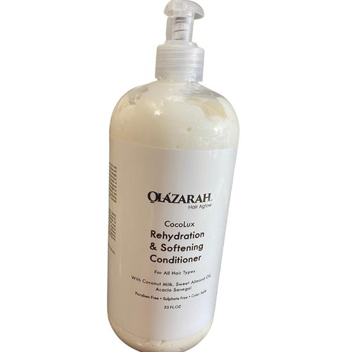 OLAZARAH CocoLux Rehydration & Softening Conditioner for All Hair Types W/Coconut Milk, Sweet Almond Oil, Acacia Senegal, Paraben Free, Sulphate Free, Color Safe, 33 Fl. Oz. (with pump)