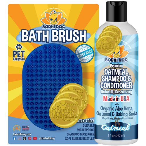 Bodhi Dog Shampoo Brush | Pet Shower & Bath Supplies for Cats & Dogs | Dog Bath Brush for Dog Grooming | Long & Short Hair Dog Scrubber for Bath | Quality Dog Wash Brush (Shampoo Bundle, Blue)