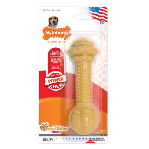 Nylabone Power Chew Barbell Bone Chew Toy for Dogs, Durable Dog Toy, Peanut Butter Flavor, Medium - Up to 35 lbs. (1 Count)
