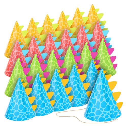 BLUE PANDA 24 Pack Dinosaur Party Hats for Dino Party Supplies, T-Rex Theme Birthday, Baby Shower Decorations (4 Colors)
