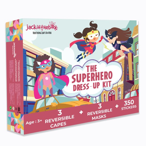 jackinthebox Superhero DressUp Costumes for Little Girls,Superhero Capes & Masks- Costumes + Crafts,3 Printed Superhero Capes + 3 Cool Masks, 350+ glitter stickers to decorate,DIY Creative Activity