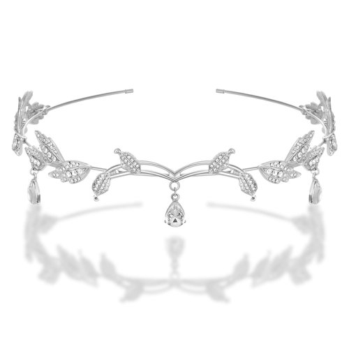 SWEETV Rhinestone Leaf Wedding Tiara Headband for Brides, Silver Crown Headband for Pageants Wedding Prom Birthday