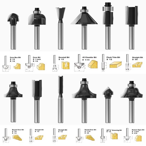 Fivepears 12 Pieces Tungsten Carbide Router Bit Set 1/4 Inch Shank for Beginners Woodworking, Include Straight, Dovetail, Chamfer, Cove, Flush Trim, Round Over, 90 V Grooving, Raised Panel Router Bit