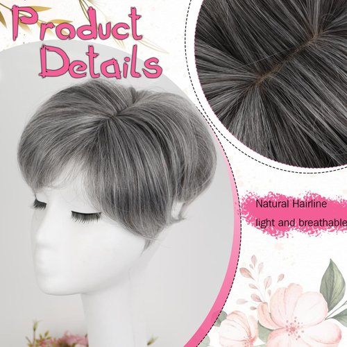 Matthia Grey Hair Toppers Wiglets Hairpieces for Thinning Hair Clip on Hair Pieces Toupee for Women Grey Synthetic Short Hair Topper with Bangs Salt and Pepper Toppers for Thin Hair