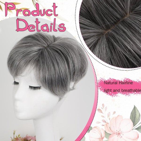 Matthia Grey Hair Toppers Wiglets Hairpieces for Thinning Hair Clip on Hair Pieces Toupee for Women Grey Synthetic Short Hair Topper with Bangs Salt and Pepper Toppers for Thin Hair