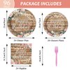 Tevxj 96PCS Pink Floral Birthday Party Plates Wood Grain Flower Tableware Set for Girls Kids Bridal Shower Party Supplies Rustic Wooden Birthday Paper Plates Napkins Forks Decorations for 24 Guests