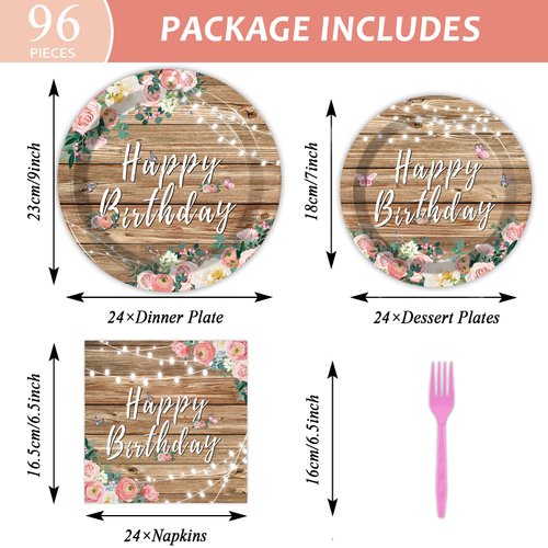 Tevxj 96PCS Pink Floral Birthday Party Plates Wood Grain Flower Tableware Set for Girls Kids Bridal Shower Party Supplies Rustic Wooden Birthday Paper Plates Napkins Forks Decorations for 24 Guests