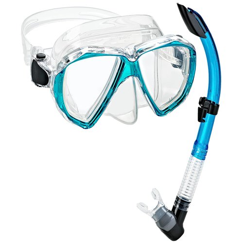 Phantom Aquatics Italian Design Veolicty Silicone Snorkel Mask Anti-Fog Tempered Glass Lens Scuba Snorkeling Mask Dry Snorkel Set (CL/Aqua, Adult)