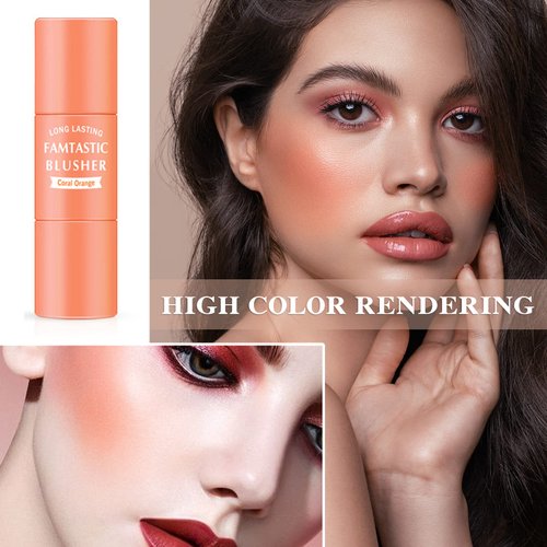 Cream Blush Stick with Brush,Waterproof Multi Cream Blush Stick Makeup,Lightweight,Long-lasting,2 in 1 Multi Stick Blush for Cheeks & Lip Tint & Eyeshadow Makeup(#03 Coral Orange)