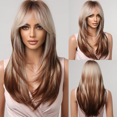 Doremiy Ombre Dark Brown Blonde Wig with Bangs Natural Medium Length Straight Wigs for Women Heat Resistant Fiber Synthetic Wigs for Daily Cosplay