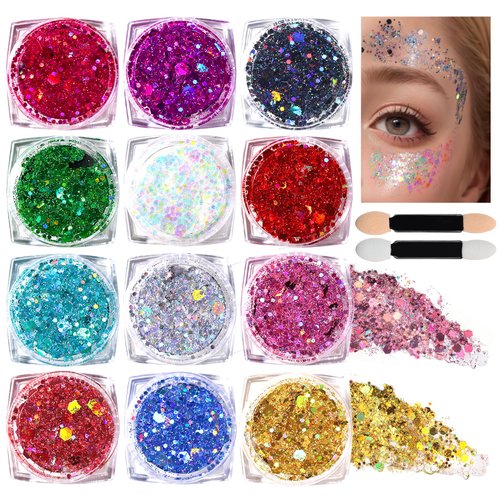 Teenitor Body Glitter Face Glitter Makeup Festival Glitter Gel, 12 Colors Face and Body Glitter Gel, Hair Glitter Gel, Glitter Gel Makeup, Glitter for Face and Hair, Body Makeup