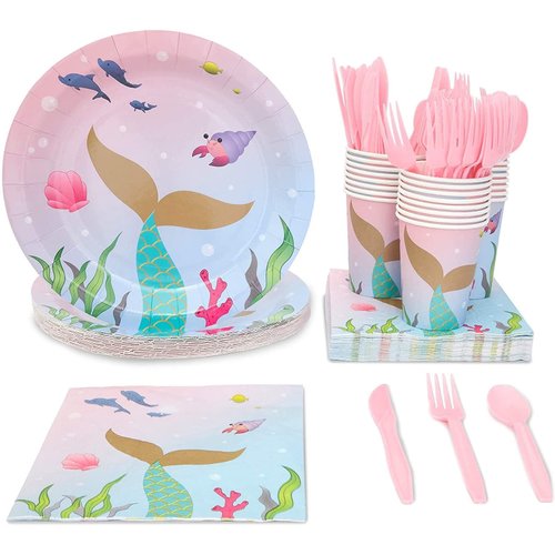 Juvale 144 Pieces Mermaid Birthday Party Supplies, Dinnerware Set with Plates, Napkins, Cups, Cutlery (Serves 24)