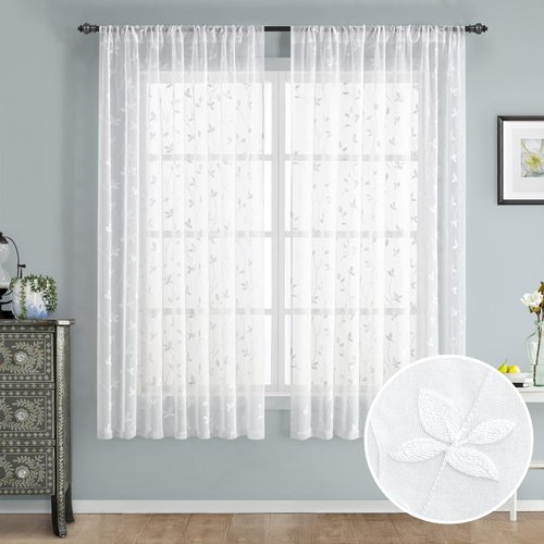 HOMEIDEAS White Sheer Curtains 52 X 63 Inches Length 2 Panels Embroidered Vine Floral Pattern Pocket Faux Linen Semi Sheer Voile Window Curtains/Drapes for Bedroom Living Room