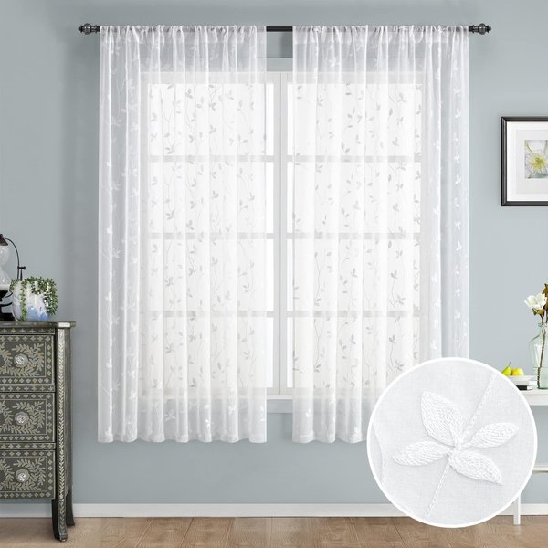 HOMEIDEAS White Sheer Curtains 52 X 63 Inches Length 2 Panels Embroidered Vine Floral Pattern Pocket Faux Linen Semi Sheer Voile Window Curtains/Drapes for Bedroom Living Room