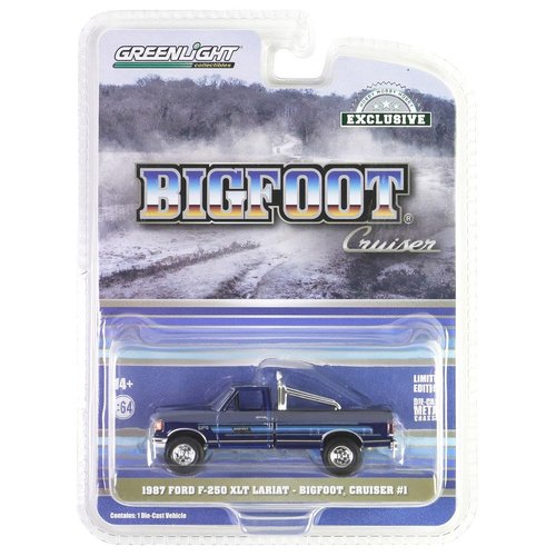 1987 F-250 XLT Lariat Pickup Truck Blue with Stripes and Blue Interior Bigfoot Cruiser #1" "Hobby Exclusive Series 1/64 Diecast Model Car by Greenlight 30433