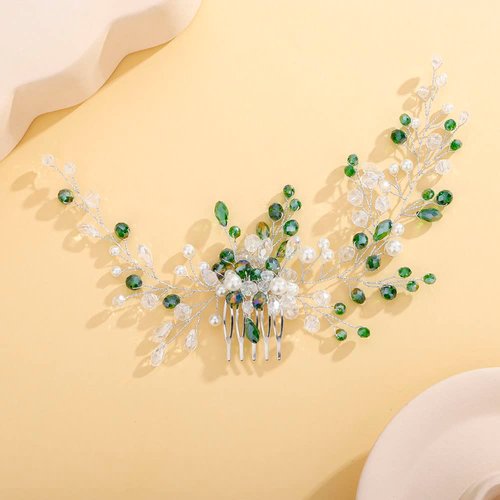 Teyglen Crystal Rhinestones Bride Wedding Hair Comb Headband Green Crystals Bridal Side Hair Combs Hair Pieces Vintage Headpieces Hair Accessories for Women Bride Girls