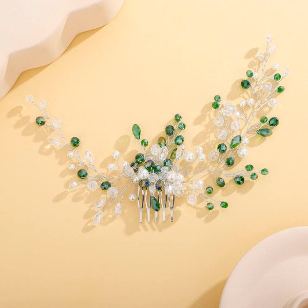 Teyglen Crystal Rhinestones Bride Wedding Hair Comb Headband Green Crystals Bridal Side Hair Combs Hair Pieces Vintage Headpieces Hair Accessories for Women Bride Girls