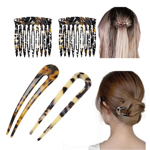 Hair Clips Set-2 Pieces Hair Side Combs and 2 Pieces U Shaped Hair Pins For Girls Hairstyle, Acetate French Style Hair Pin Fork,Hair Comb Clips for Women Decorative Bun Twist Hair Styling Accessories