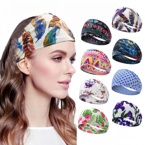 KATOCHUG 8 Pack Headbands for Women Boho Hair Band Non-Slip HeadBands for Sport Yoga, Running Elastic Sweat Hair Wrap for Girls