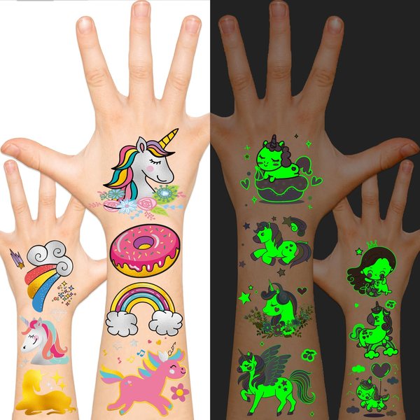 EMOME Glow + Metallic Temporary Tattoos for kids, Waterproof Pre-cut Tattoo Stickers, Birthday Girl Boy Party Favors Supplies Accessories (Unicorns)