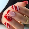 Christmas Press on Nails Short Coffin Fake Nails with Snowflake Stripe Designs French Tip Nails Press ons Glossy Glue on Nails Red Acrylic Nails Winter Nude Stick on Nails for Women 24Pcs