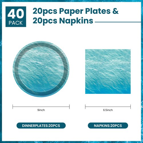 40 Pcs Ocean Sea Plates and Napkins Party Supplies, Disposable Ocean Waves Paper Plates and Napkins Tableware Set for Baby Shower Ocean Birthday Party Decorations Serves 20