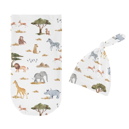 Sweet Jojo Designs Jungle Animals Boy Girl Gender Neutral Unisex Baby Cocoon Swaddle and Beanie Newborn Jersey Set Infant Wearable Blanket Going Home Outfit Set Green Boho Safari Elephant Giraffe