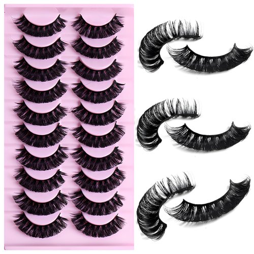 LuckForever 10 Pairs False Eyelashes Russian Strips Eye Lashes Fluffy False Lash Wispy Eyelash Extension Natural Look D Curly Volume Fake Eyelashes Reusable Eye Lash for Women Girls