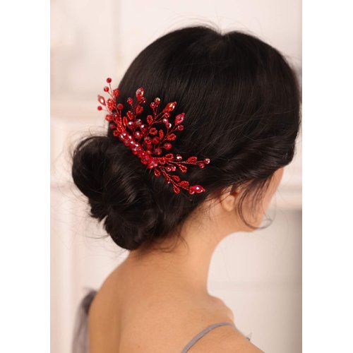 Kercisbeauty Red Crystal Hair Comb for Women Wedding Bridal Hair Piece Boho Hair Accessories for Prom Party