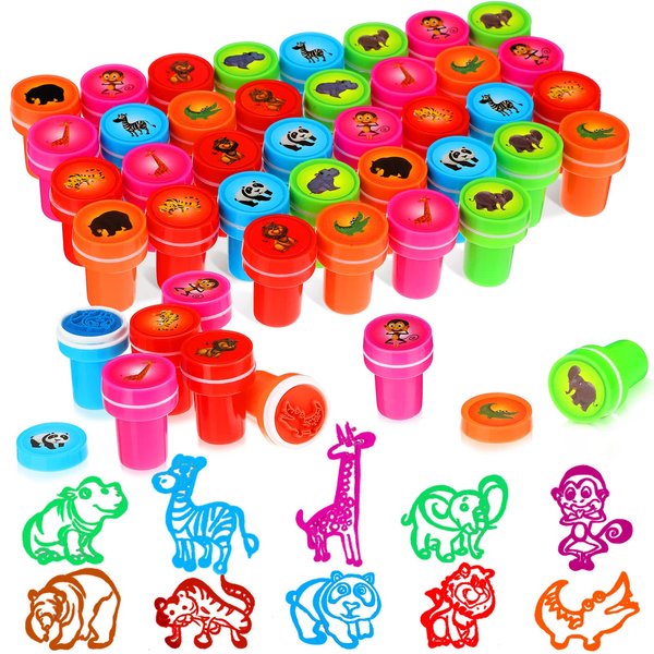 Gejoy 40 Pieces Wild Animal Stampers Multicolor Jungle Safari Animals Stamps Self-Ink Stampers for Party Supplies (Fresh Style)