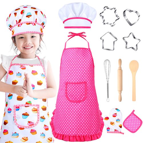 Cunhill Kids Cooking and Baking Set Baking Kit Apron Dress up Chef Costume Kids Aprons for Girls Toddler Chef Hat for Little Girls 2 to 6 Year Old