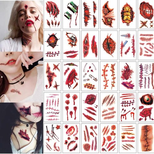 30 Sheets Halloween Temporary Tattoos, Zombie Makeup, Scar Wound Blood Bleeding Tattoo Stickers for Women Men Halloween Party Cosplay (HY-2)