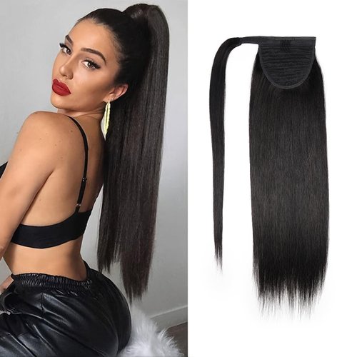 JIAMEISI Ponytail Extension Human Hair Wrap Around Clip in Hair Piece Ponytail Extension Human Hair Straight Ponytail For Black Women with Magic Paste 65G(14 inch, Natural Black #1B)