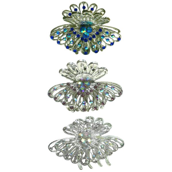 Set of 3 JCGY Hair Claws Metal Jaw Clips Antique Silver Trim NF86480-1-3sapphireLavenderCrystal