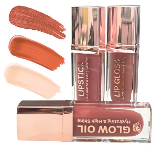 Phoenix Beauty Lip Trio: Smudge-Proof Long Stay Matte Lipstick, Vibrant Lip Gloss & Hydrating Lip Oil; Jojoba Oil; Vitamin E; Holiday Gift; Premium Lip Care & Color Set; Warm Nude (Peach Sorbet)