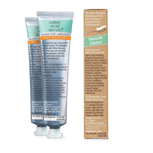 Doctor Ginger's Coconut Oil Toothpaste with White Activated Charcoal, All-Natural Whitening Power, Enamel-Safe, Reduces Plaque & Gum Sensitivity, Fluoride-Free, Coconut Mint Flavor, 4oz, 2ct