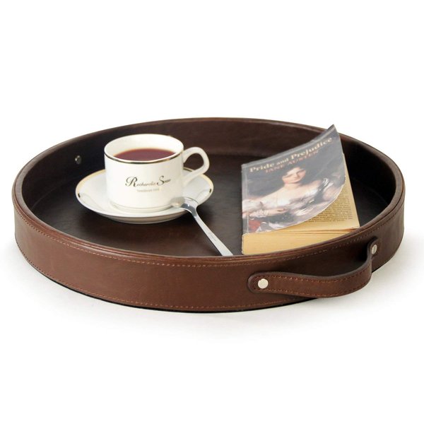 HofferRuffer Top Nocth PU Leather Round Serving Tray, Decorative Serving Tray with Handles, Coffee Tray, Ottoman Tray for Home Or Office, Diameter 14.6-inch, Brown