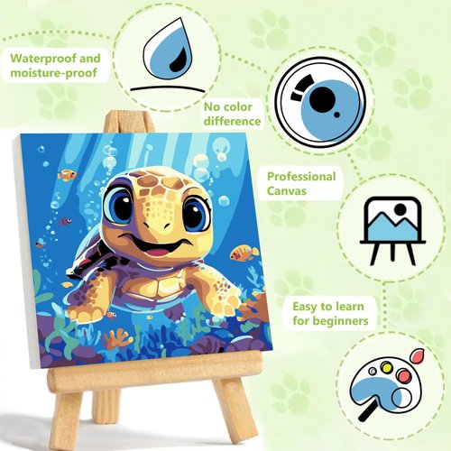 Reivworl Paint by Numbers Kit for Kids with Frame, Sea Turtles Kids Paint by Number Kits, Kids Paint by Number Kits Age 5-8 for Gifts and Home Decor (8X8Inch)