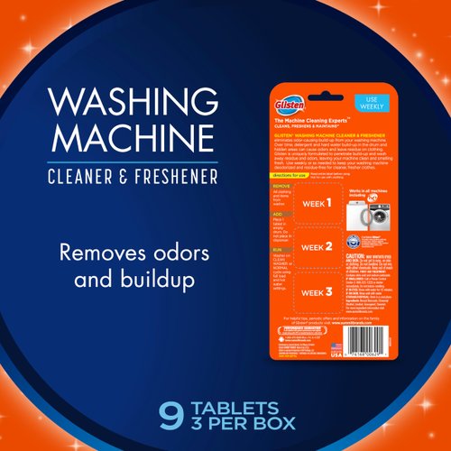 Glisten Washing Machine Cleaner and Freshener Deodorizer, Cleans Top Load and Front Load Washers, Fresh Scent, 9 Tablets
