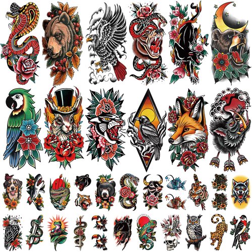 77 Sheets Temporary Tattoo Tiger Fox Cat Owl Snake Half Arm Fake Tattoos for Women Men, Old Schoo...